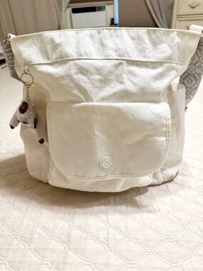Kipling White Nylon Shoulder Tote with Monkey Keychain